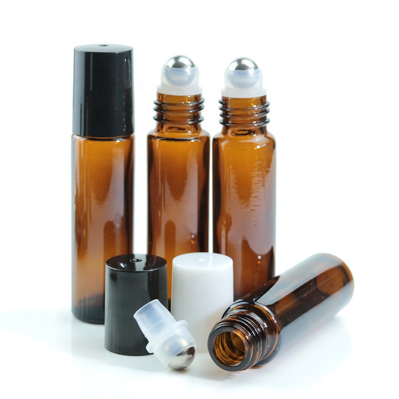 Custom10ml Mini Slim Amber Roll On Ball Essential Oil Bottle With Metal Stainless Steel Roller Glass Bottle (NRB12)