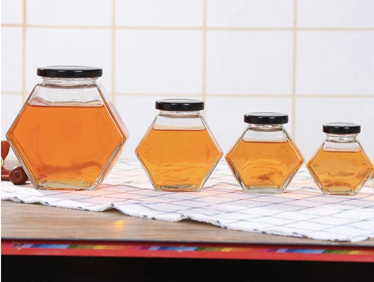 Customizable Empty Clear Hexagonal Glass Honey Jar bottle with Metal lid