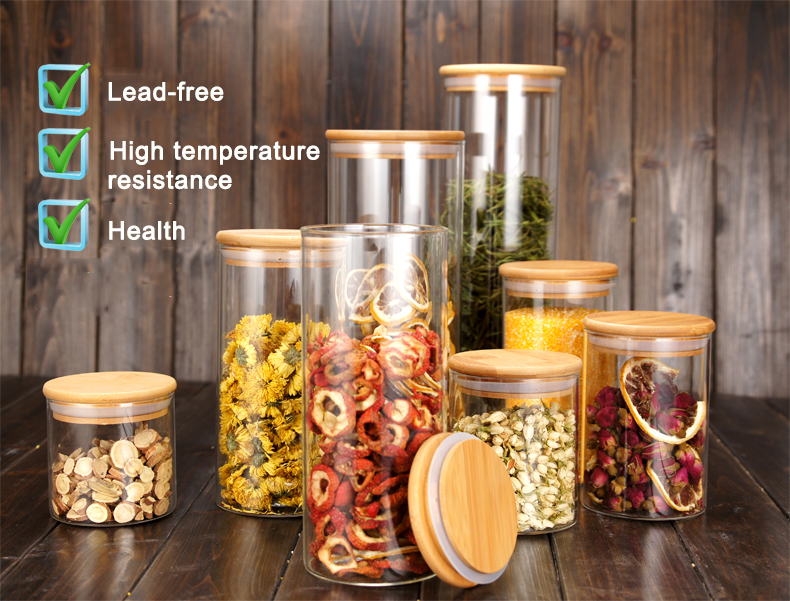 Customizable size glass kitchen storage food jar with bamboo lid