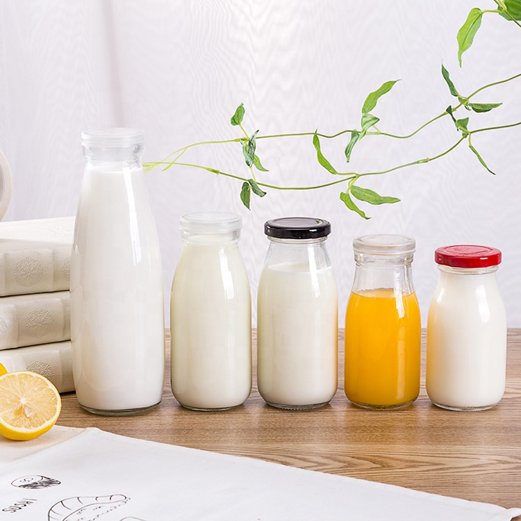 Customize 8oz 12oz 14oz 32oz Round Glass Milk Bottle for Milk With Plastic Metal Lid
