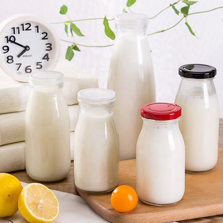 Customize 8oz 12oz 14oz 32oz Round Glass Milk Bottle for Milk With Plastic Metal Lid