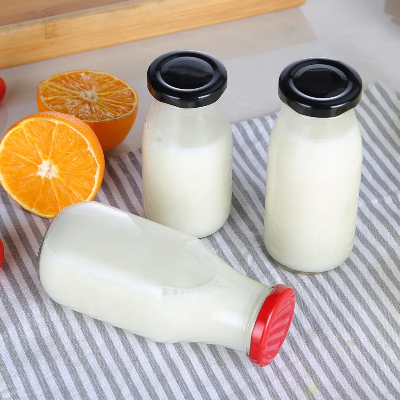 Customize 8oz 12oz 14oz 32oz Round Glass Milk Bottle for Milk With Plastic Metal Lid
