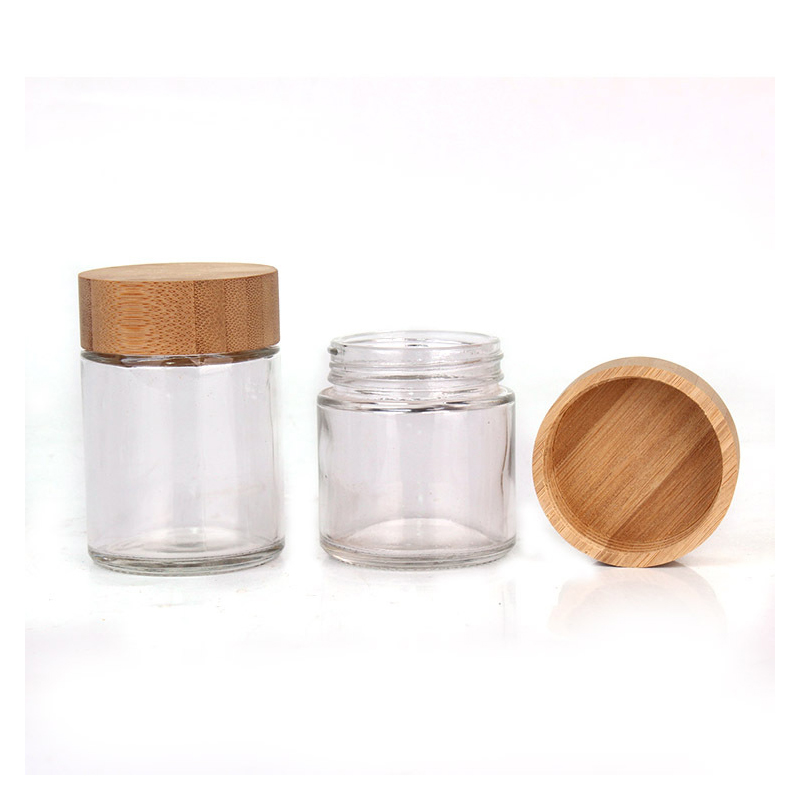 Customize Size And Logo Printing Glass Container Bottles With Bamboo Caps