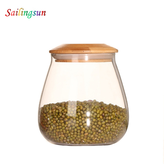 Customize logo acceptable hicked reinforced bamboo lid handmade pyrex glass jar
