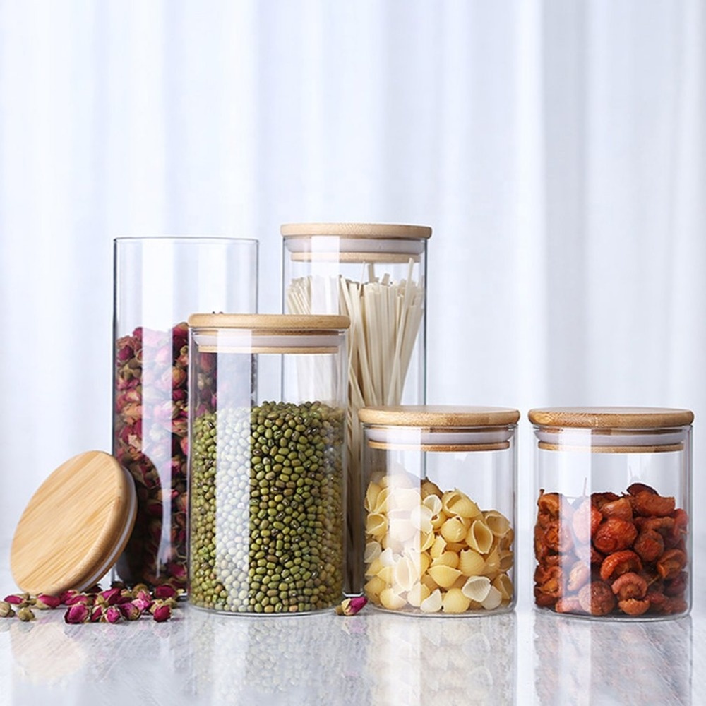 Customize logo kitchen glass storage containers jars with bamboo lid