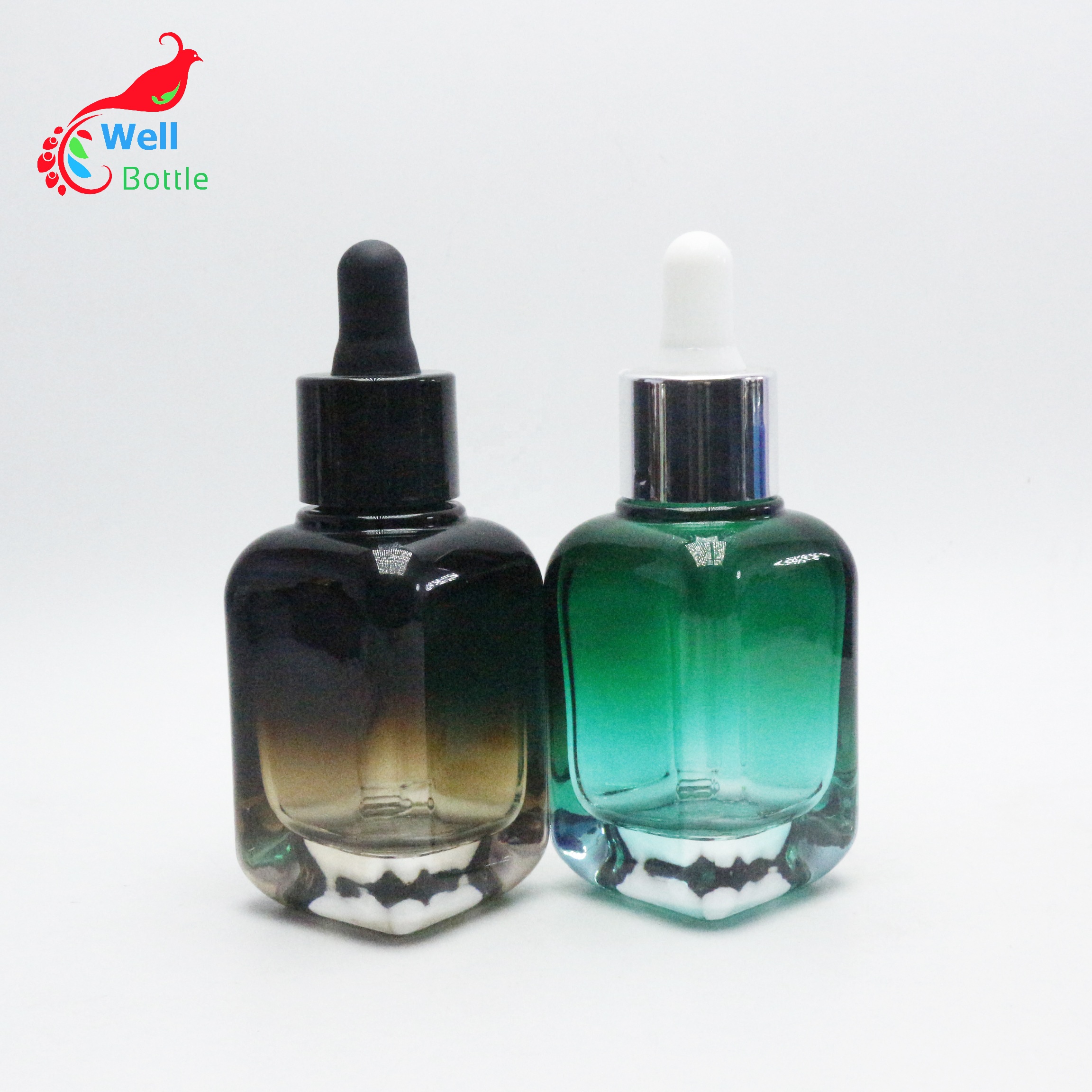 Customized 20ml 40ml blue brown thick glass press pump essential oil cosmetic serum dropper square glass bottle pb001E