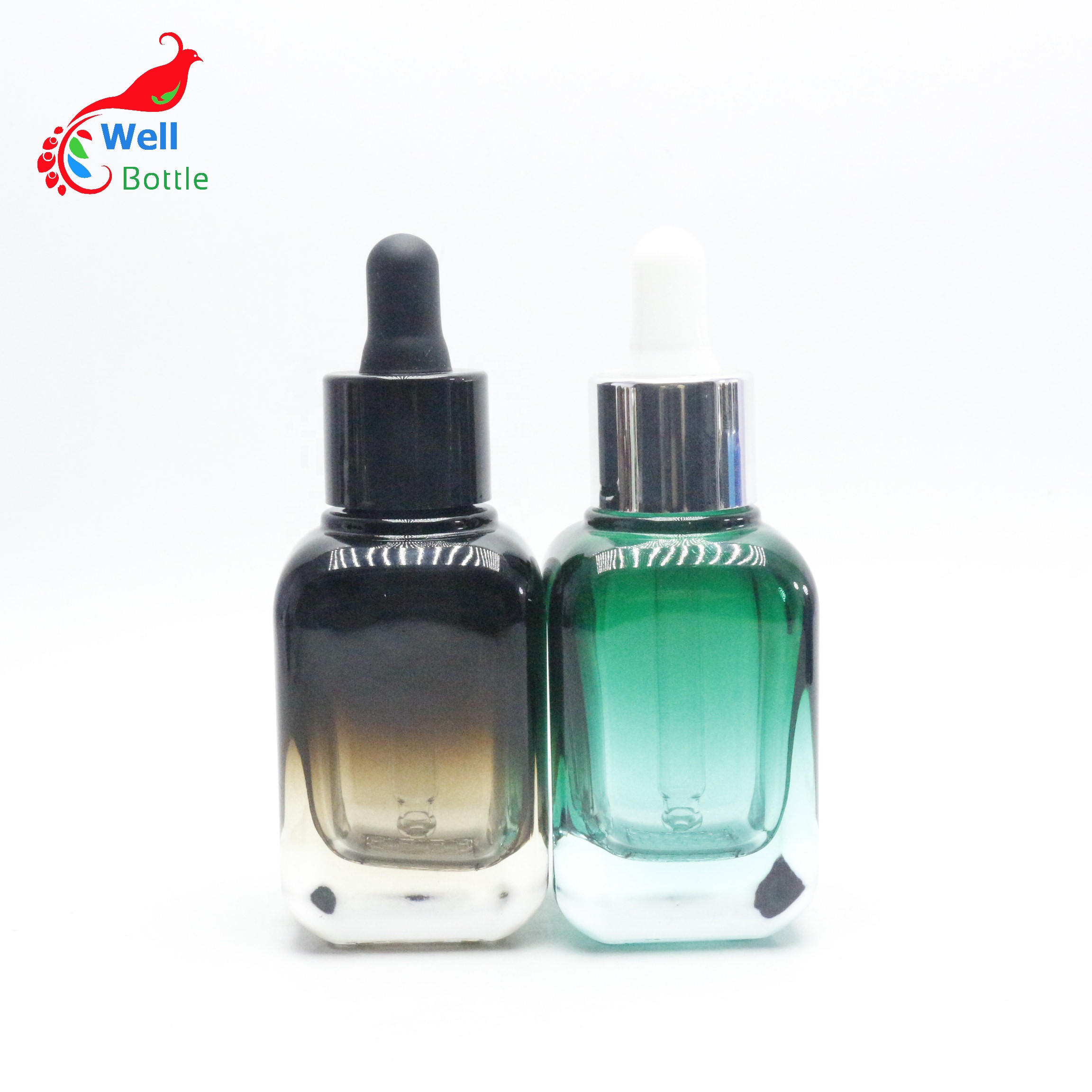 Customized 20ml 40ml blue brown thick glass press pump essential oil cosmetic serum dropper square glass bottle pb001E