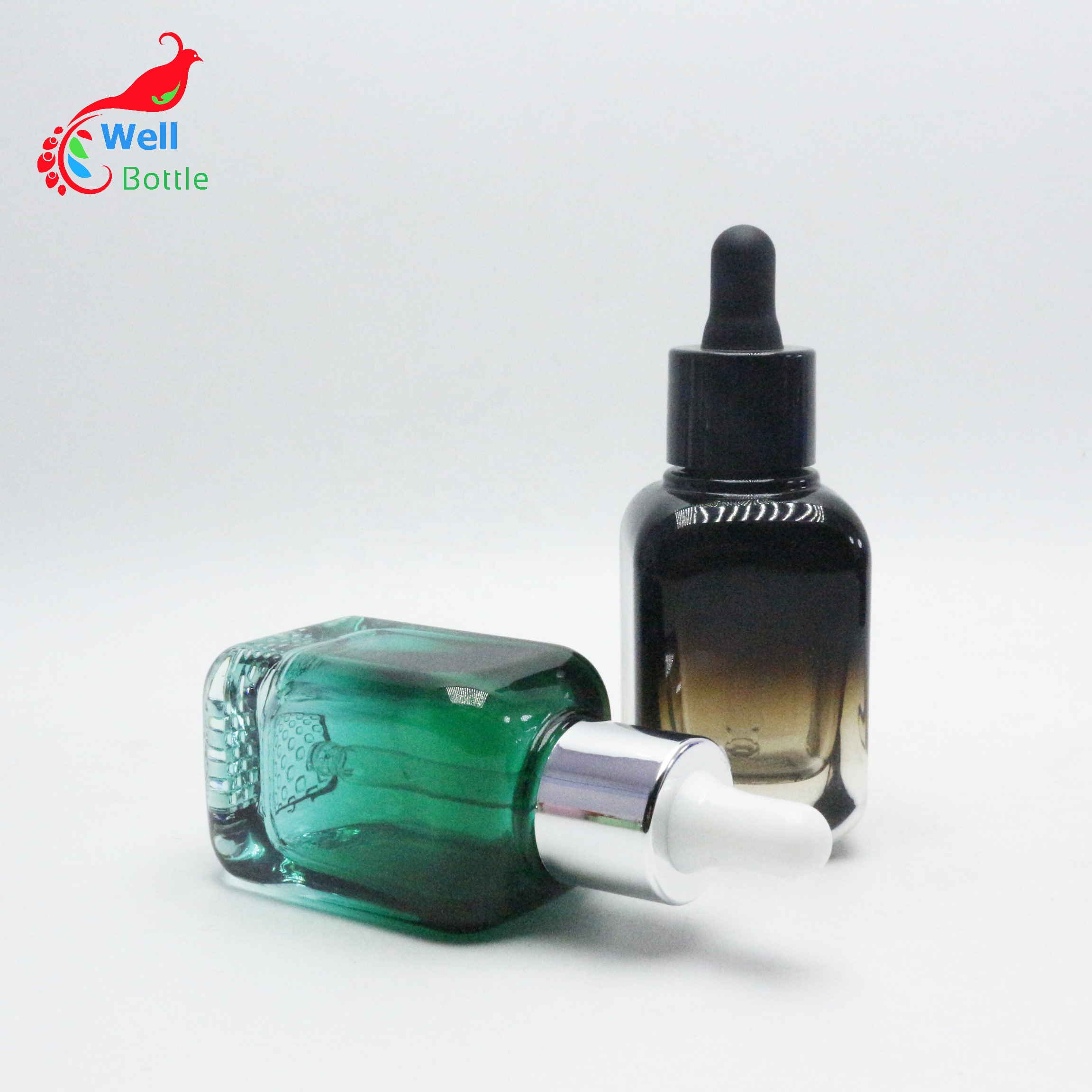 Customized 20ml 40ml blue brown thick glass press pump essential oil cosmetic serum dropper square glass bottle pb001E