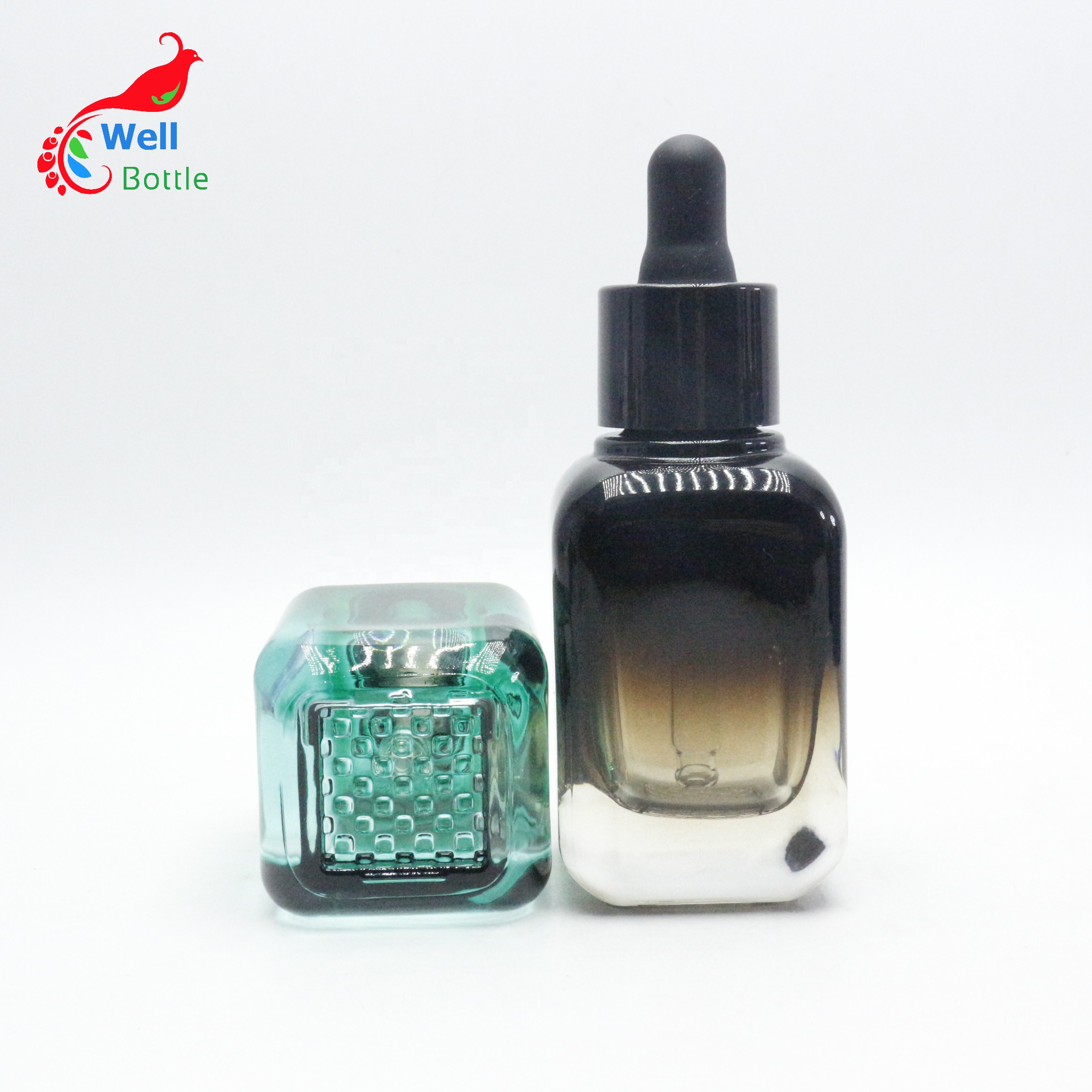 Customized 20ml 40ml blue brown thick glass press pump essential oil cosmetic serum dropper square glass bottle pb001E