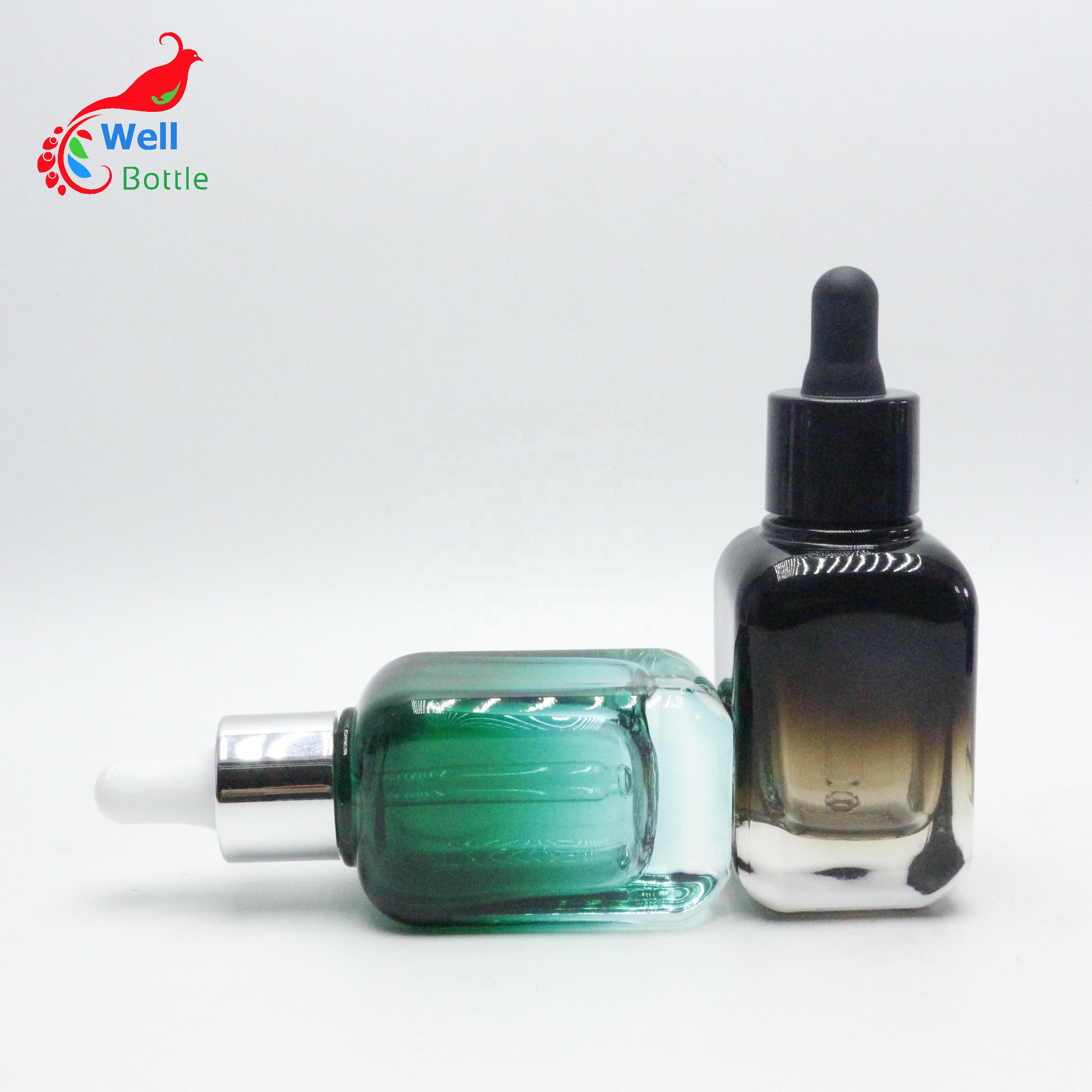 Customized 20ml 40ml blue brown thick glass press pump essential oil cosmetic serum dropper square glass bottle pb001E