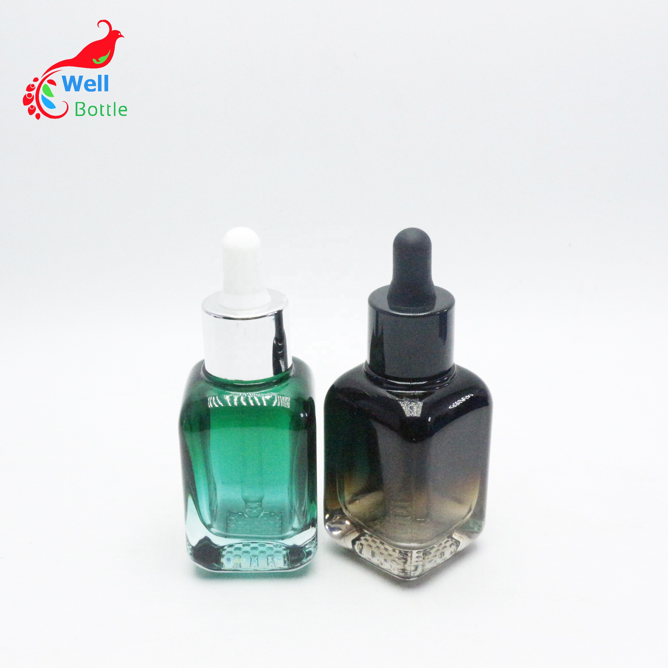 Customized 20ml 40ml blue brown thick glass press pump essential oil cosmetic serum dropper square glass bottle pb001E