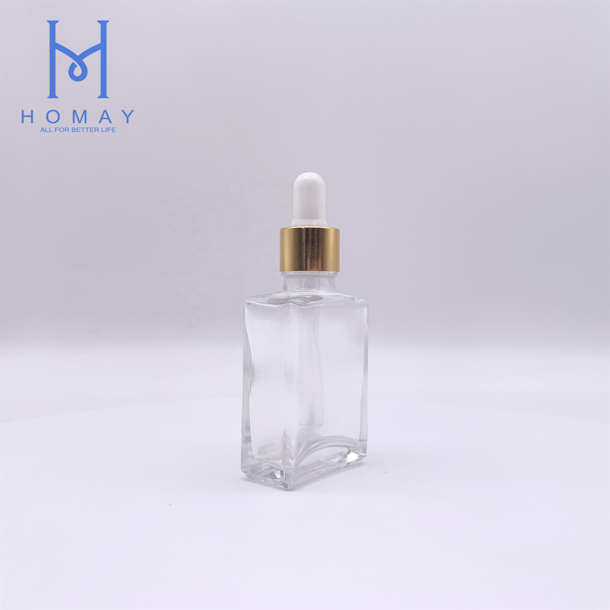 Customized 30ml clear flat square shape glass bottle empty cosmetic glass bottle for essential oil with dropper cap