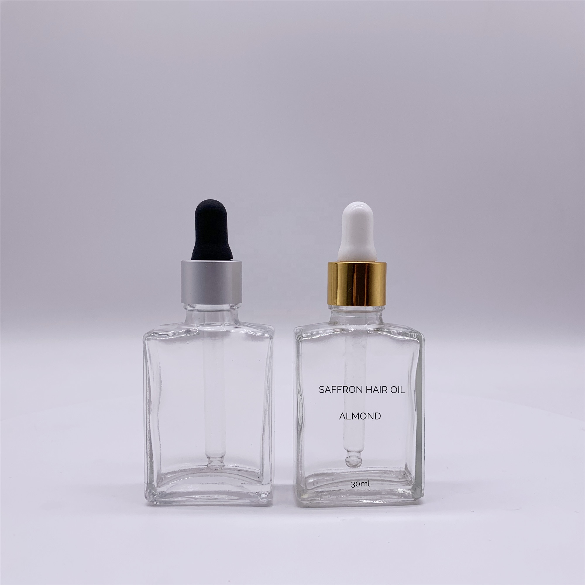 Customized 30ml clear flat square shape glass bottle empty cosmetic glass bottle for essential oil with dropper cap