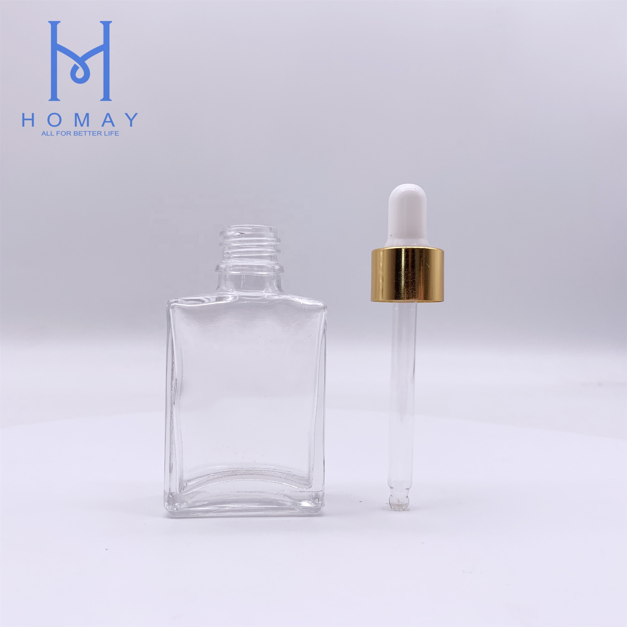 Customized 30ml clear flat square shape glass bottle empty cosmetic glass bottle for essential oil with dropper cap