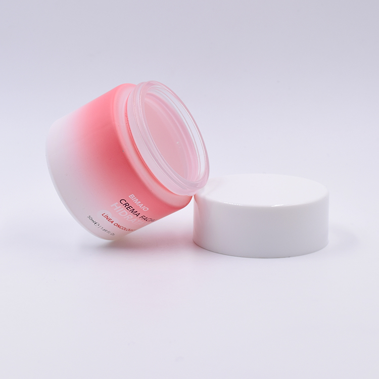 Customized 50g matte pink and white glass cosmetics jar with frosted screw lid