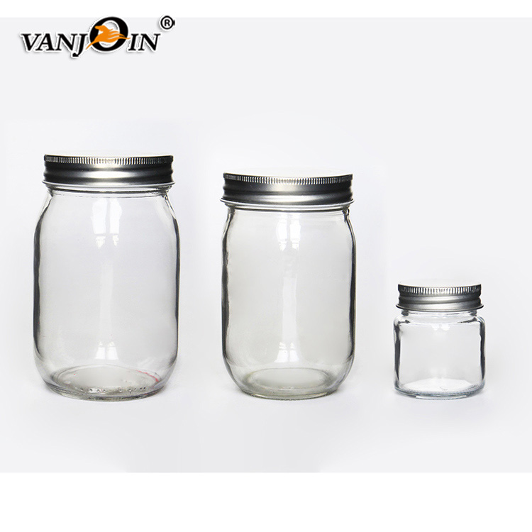 Customized 8 oz 12 oz 16 oz Glass Storage Mason Jars For Food And Beverage With Silver Or Golden Tin Lid