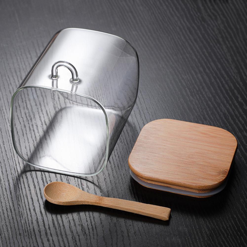Customized BPA free high borosilicate square Air tight Glass Jar with sealing bamboo cover and bamboo spoon
