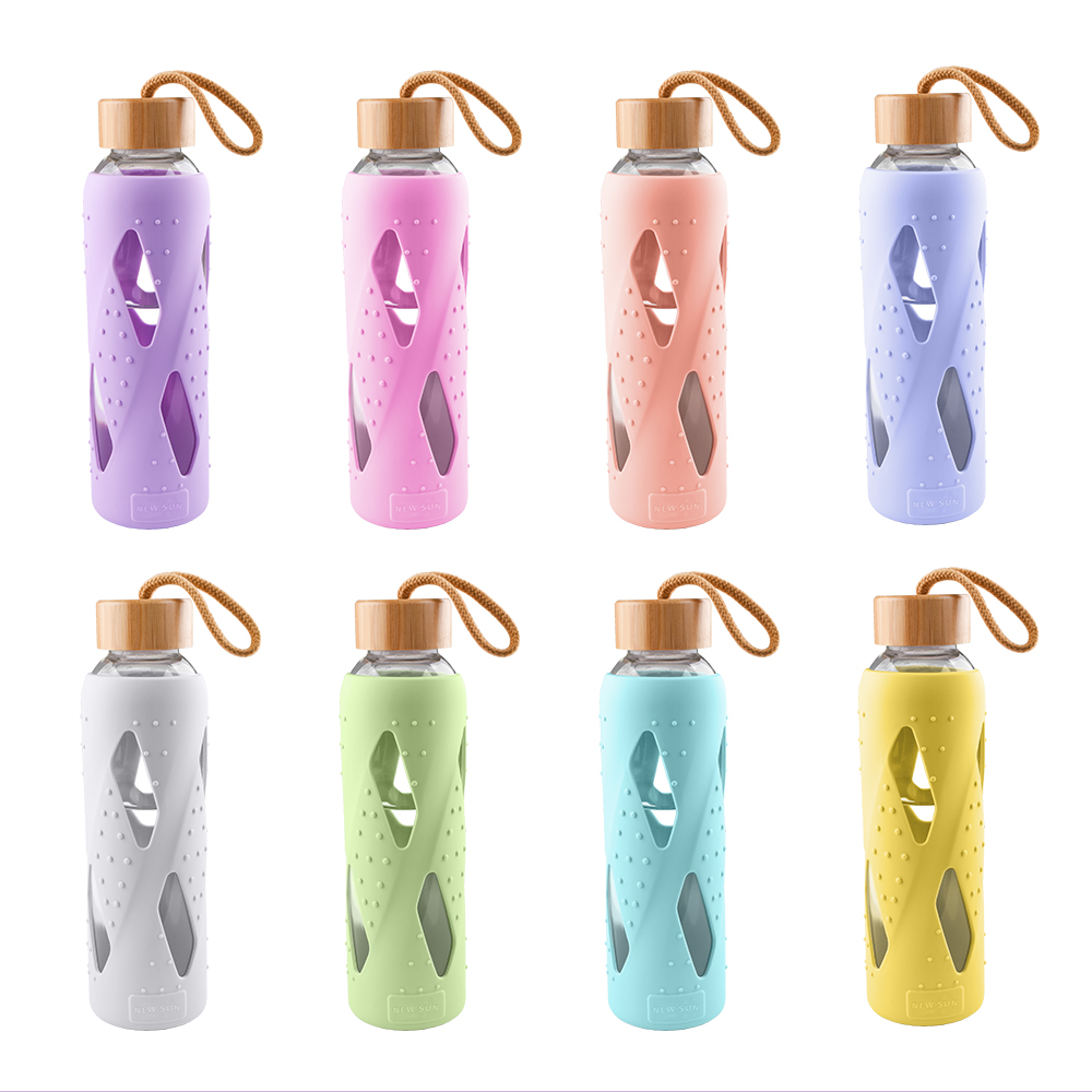 Customized Bpa Free 17Oz Bamboo Lid Reusable Glass Water Bottle With Protective Silicone Sleeve