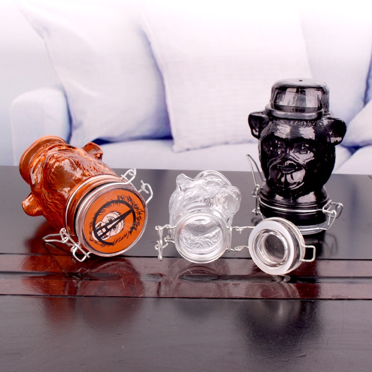 Customized Fancy 100ml 260ml orangutans head shaped glass storage jar with clip lid