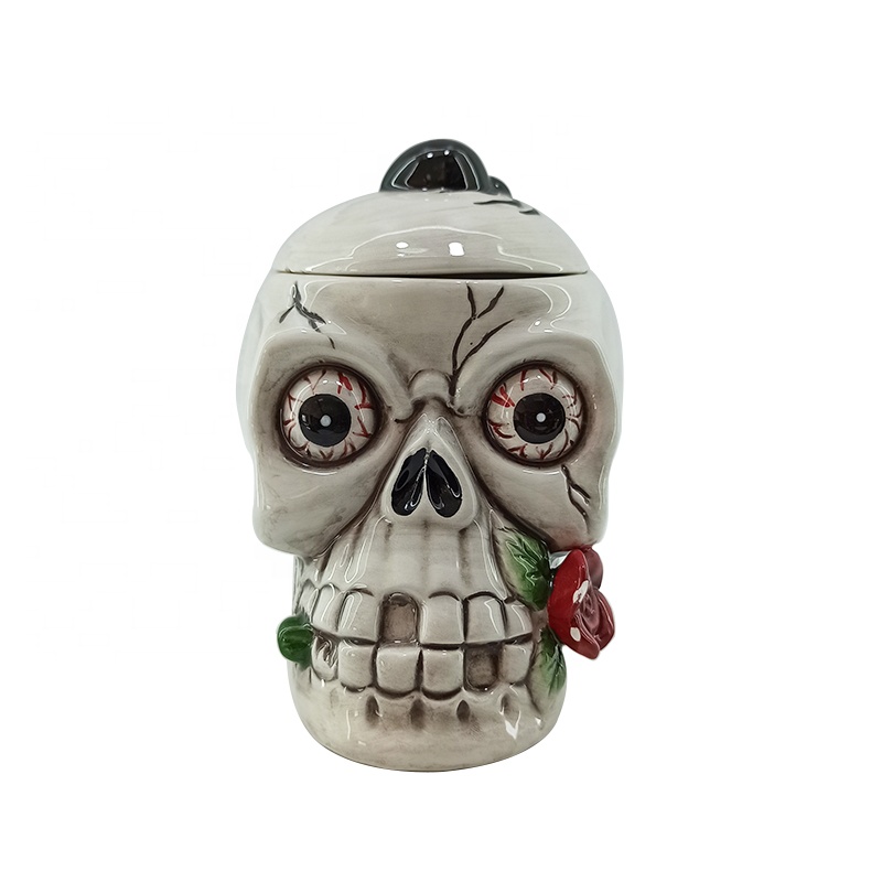 Customized Hand-Painting ceramic Skull jars,Halloween ceramic Skull shaped cookie jar and Candy Jar