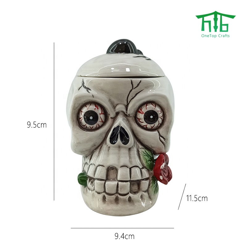 Customized Hand-Painting ceramic Skull jars,Halloween ceramic Skull shaped cookie jar and Candy Jar