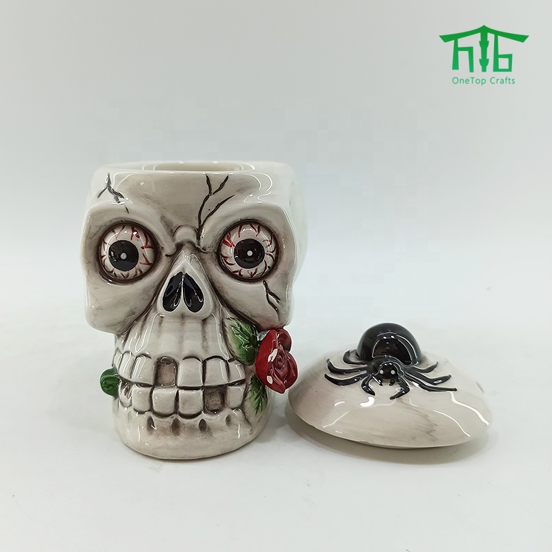 Customized Hand-Painting ceramic Skull jars,Halloween ceramic Skull shaped cookie jar and Candy Jar
