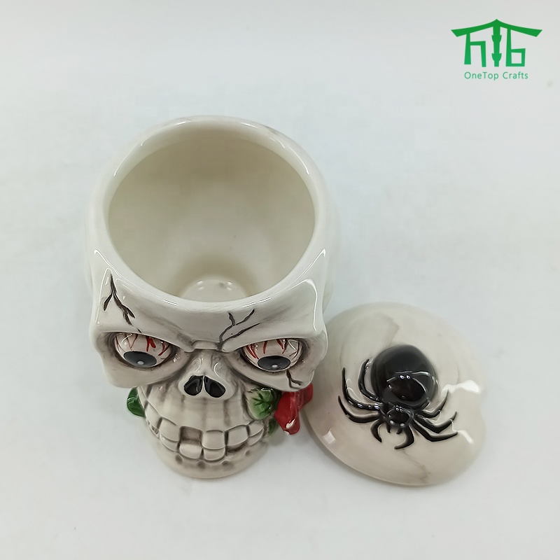 Customized Hand-Painting ceramic Skull jars,Halloween ceramic Skull shaped cookie jar and Candy Jar