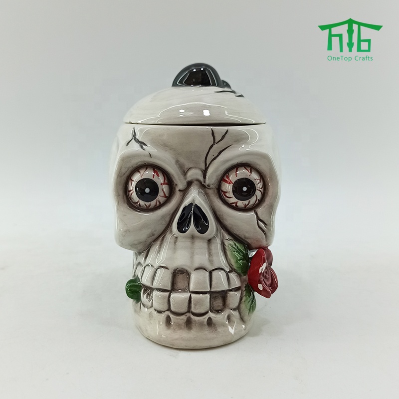Customized Hand-Painting ceramic Skull jars,Halloween ceramic Skull shaped cookie jar and Candy Jar