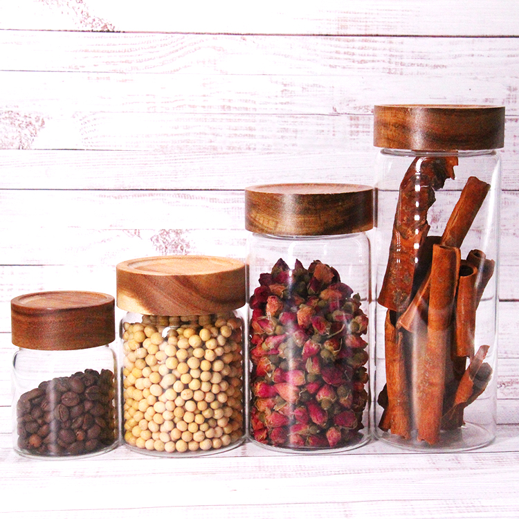 Customized High Borosilicate Glass Jar With Wooden Screw Lid For Honey/Pickle/Home Storage