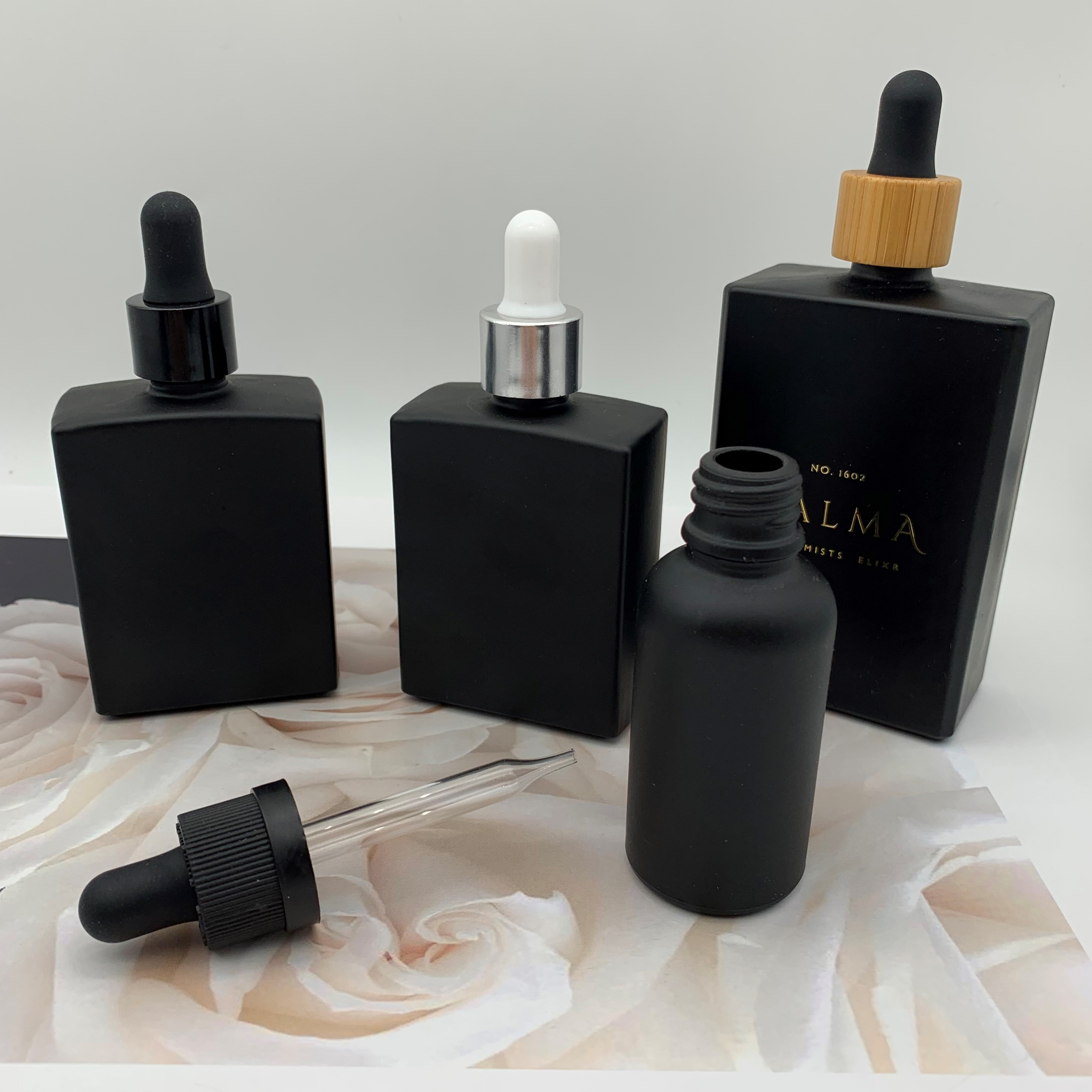 Customized Matte Black Dropper Bottle Square Glass Bottle Customized 30ml 60ml 100ml For perfume