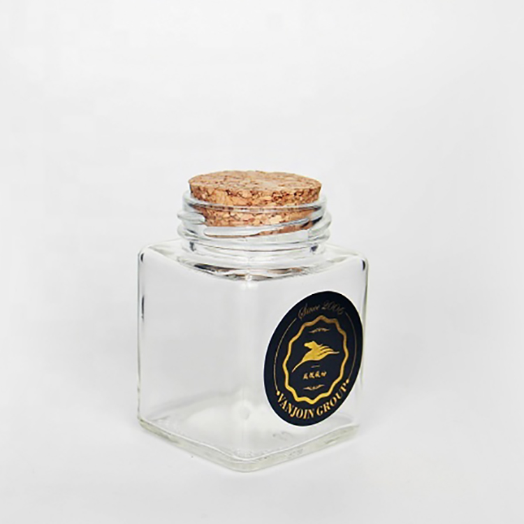 Customized Square Clear Tea Glass Jar Bottle Food Storage Packaging With Wooden Plug Lid