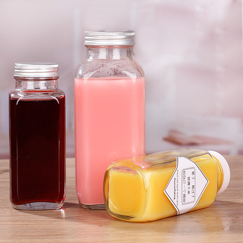 Customized Square Glass Bottle 250ml/350ml/500ml Juice Beverage Milk Coffee Square Glass Bottle