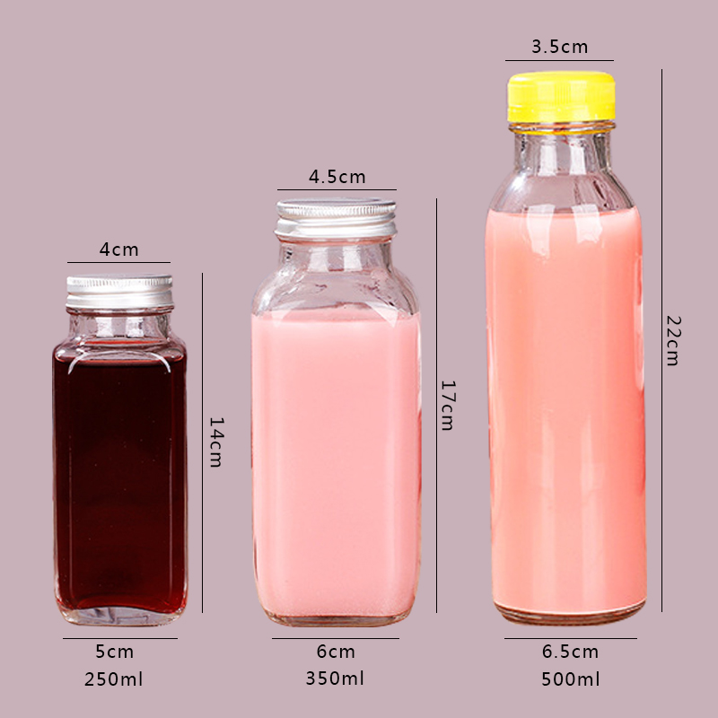Customized Square Glass Bottle 250ml/350ml/500ml Juice Beverage Milk Coffee Square Glass Bottle