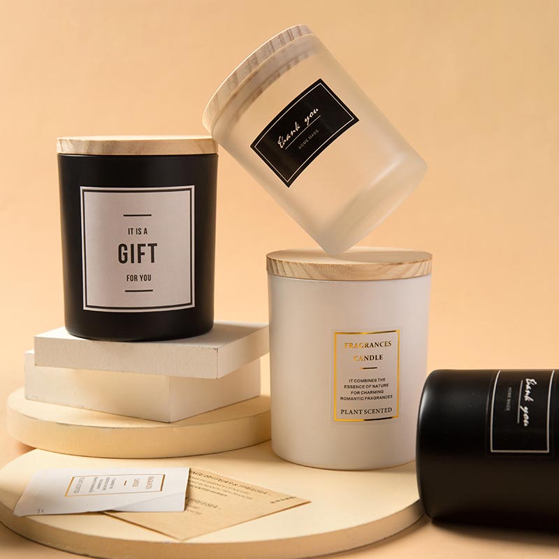 Customized Sticker 220ml 320ml White Black Frosted Bamboo Wooden Lids Glass Candle Jar With Box