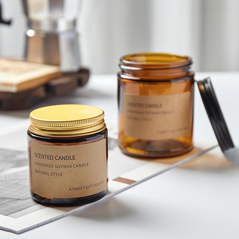 Customized Stickers 4oz Mini Golden Metal Lid Amber Straight Sided Glass Candle Cosmetic Jar