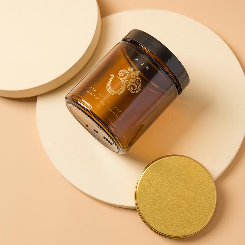 Customized Stickers 4oz Mini Golden Metal Lid Amber Straight Sided Glass Candle Cosmetic Jar