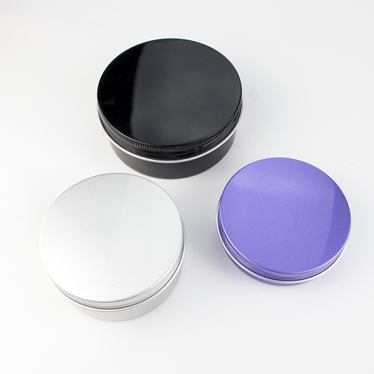 Customized color 30ml 50ml 100ml small round black silver purple cosmetic tin aluminum cosmetic tin jar with aluminum screw lid