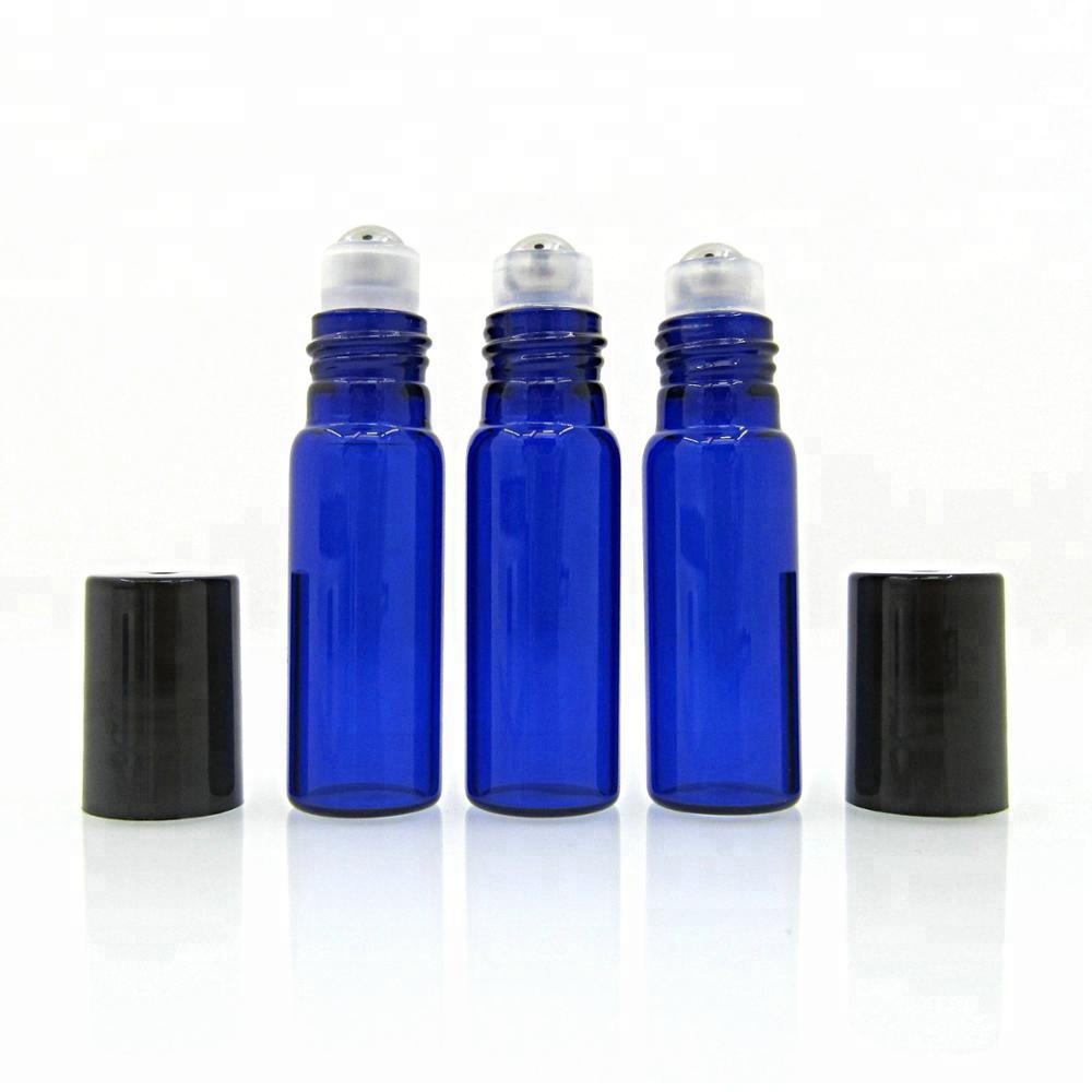 Customized color blue glass roll on bottle, 10ml thin amber rollon perfume bottles