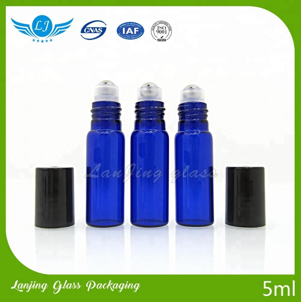 Customized color blue glass roll on bottle, 10ml thin amber rollon perfume bottles