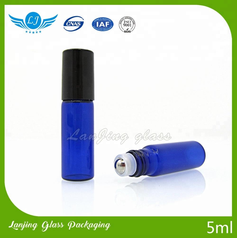 Customized color blue glass roll on bottle, 10ml thin amber rollon perfume bottles