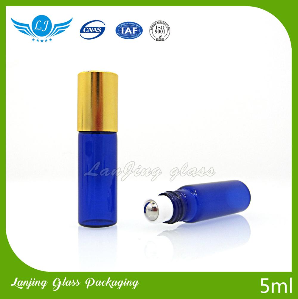 Customized color blue glass roll on bottle, 10ml thin amber rollon perfume bottles