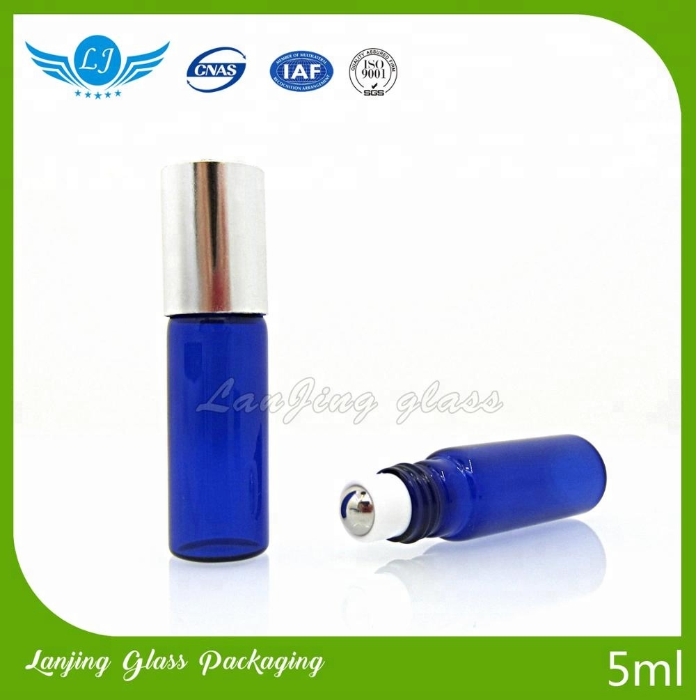 Customized color blue glass roll on bottle, 10ml thin amber rollon perfume bottles