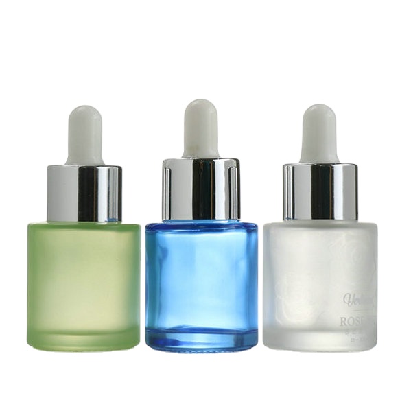 Customized color painting blue green red yellow cosmetic 30ml serum cylinder flat shoulder dropper bottle