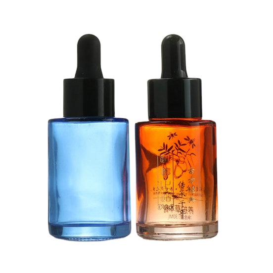 Customized color painting blue green red yellow cosmetic 30ml serum cylinder flat shoulder dropper bottle