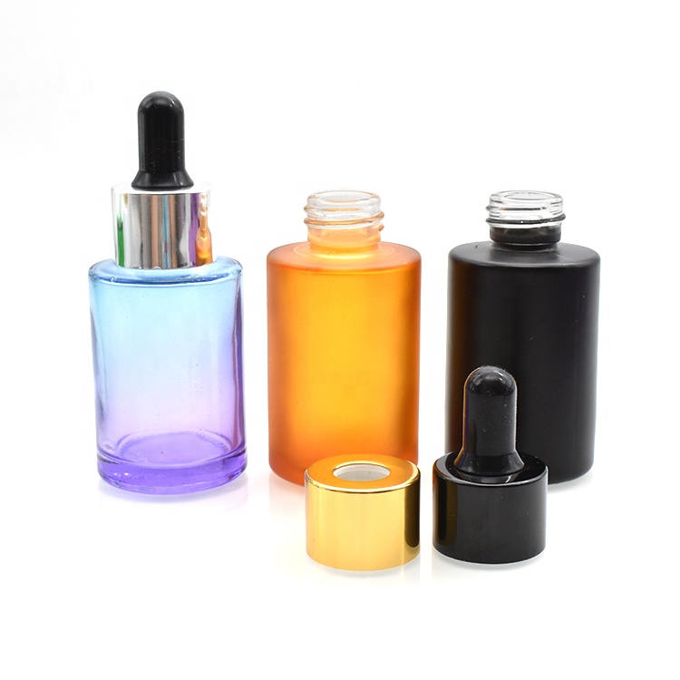 Customized colorful flat shoulder glass bottle 10ml 20ml 30ml 50ml essential oil glass dropper bottle with aluminum cap