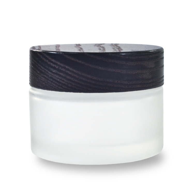 Customized engrave logo clear frosted 30g 50g glass cream jar with dark brown wood lid