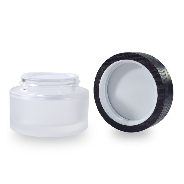 Customized engrave logo clear frosted 30g 50g glass cream jar with dark brown wood lid