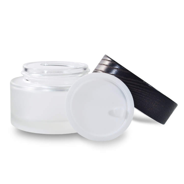Customized engrave logo clear frosted 30g 50g glass cream jar with dark brown wood lid