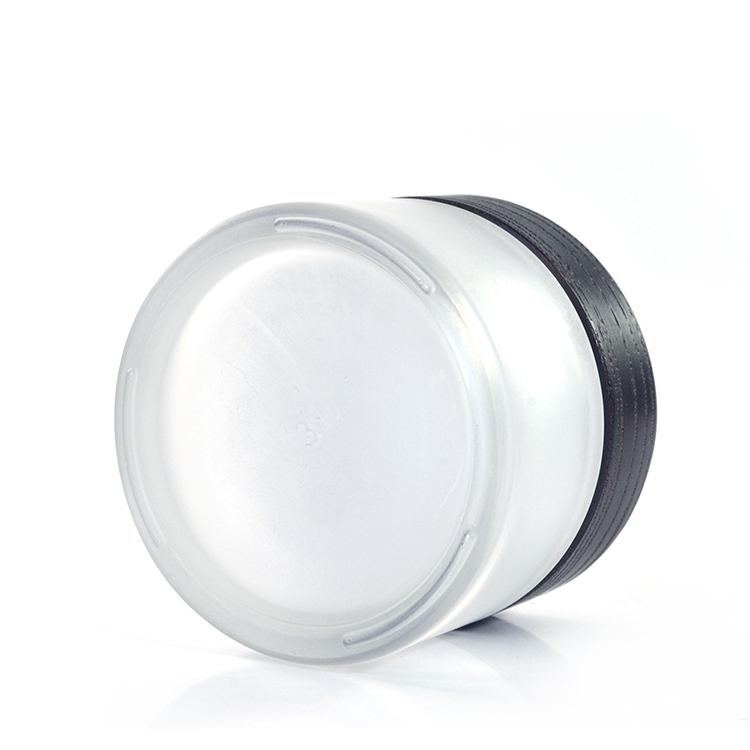 Customized engrave logo clear frosted 30g 50g glass cream jar with dark brown wood lid