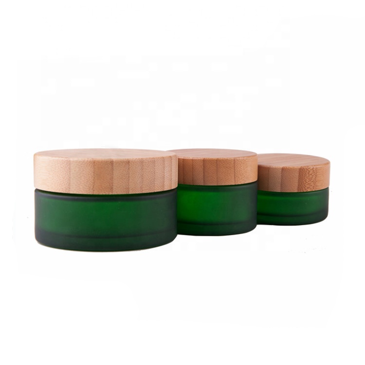 Customized green glass 15ml 30ml 50ml cosmetic round bamboo jar